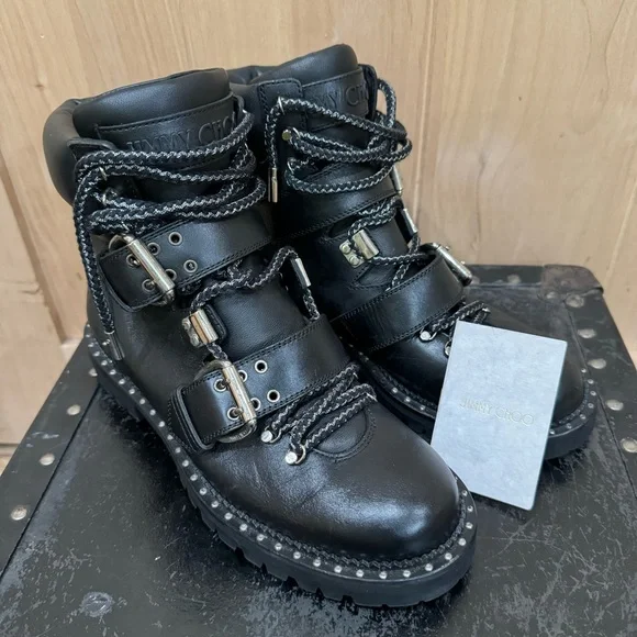 Jimmy Choo Calfskin Breeze Biker Combat Boots Sz 37.5 Black Moto Buckle Studded - Picture 3 of 16